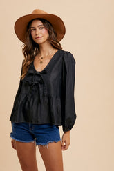 Trendy Tie Front Peplum Denim Top - Long Sleeve Fashion Blouse